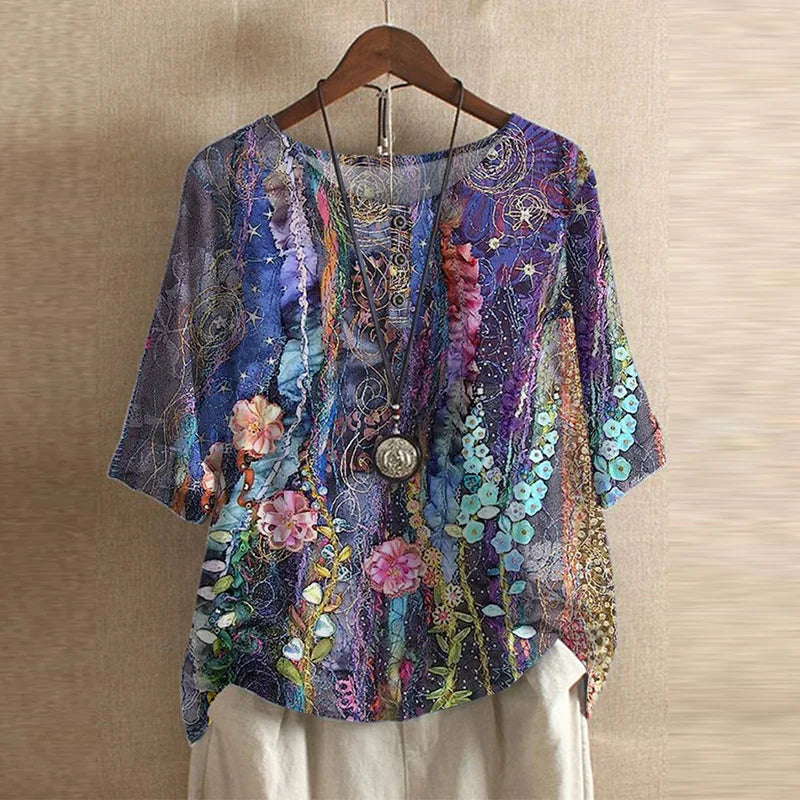 Women's Vintage Floral Print Loose Fit Blouse
