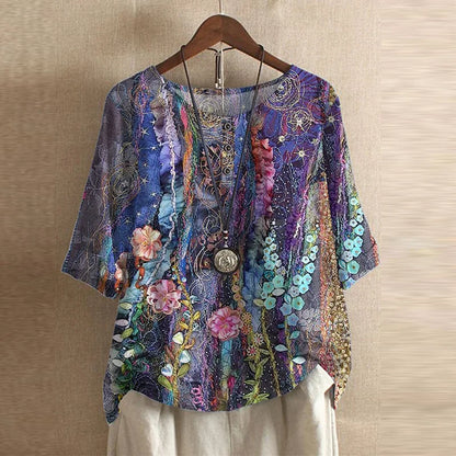 Women's Vintage Floral Print Loose Fit Blouse