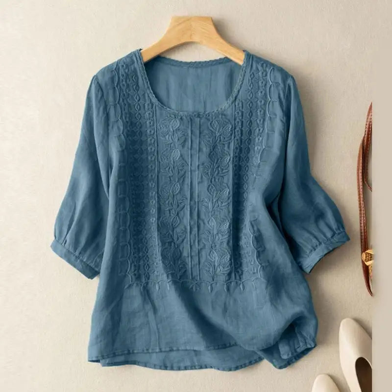 Embroidered Round Neck Casual Blouse for Women