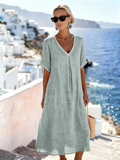 Women’s Relaxed V-Neck Midi Dress with Short Sleeves