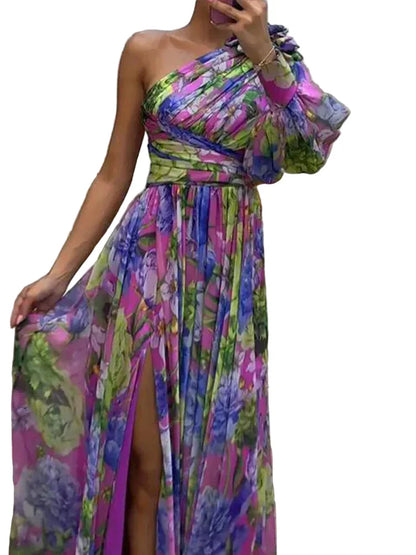 Flowy One-Shoulder Floral Maxi Dress with Side Slit