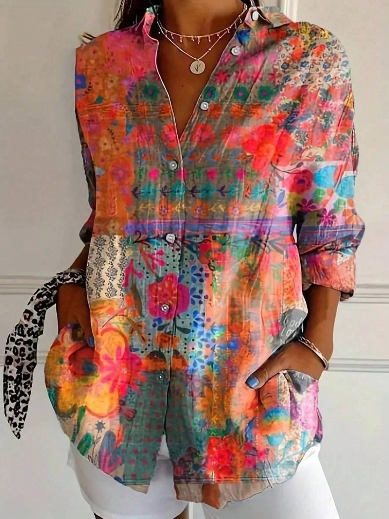 Women's Bold Abstract Print Long Sleeve Button-Front Blouse