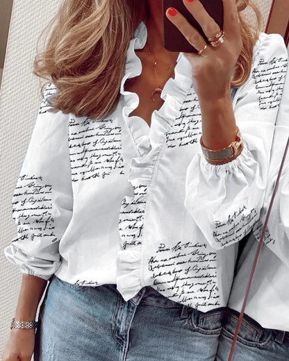 Ruffle V-Neck Long Sleeve Blouse for Women