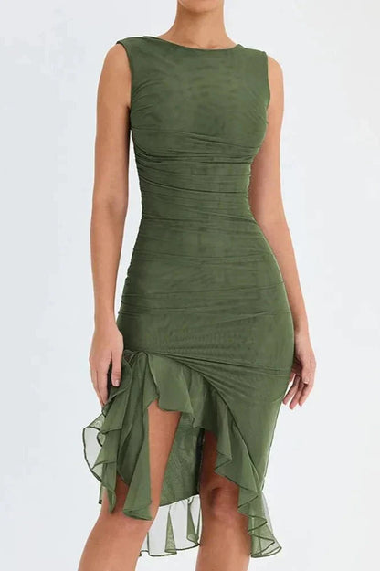 Women’s Sleeveless Ruched Midi Dress with Asymmetrical Hem