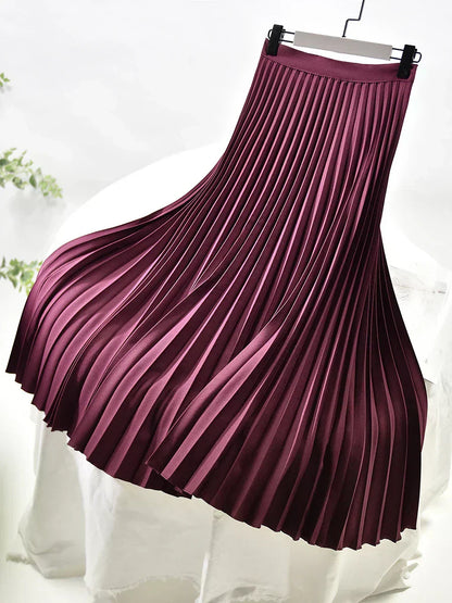 Elegant High Waist Pleated Midi Skirt for Women