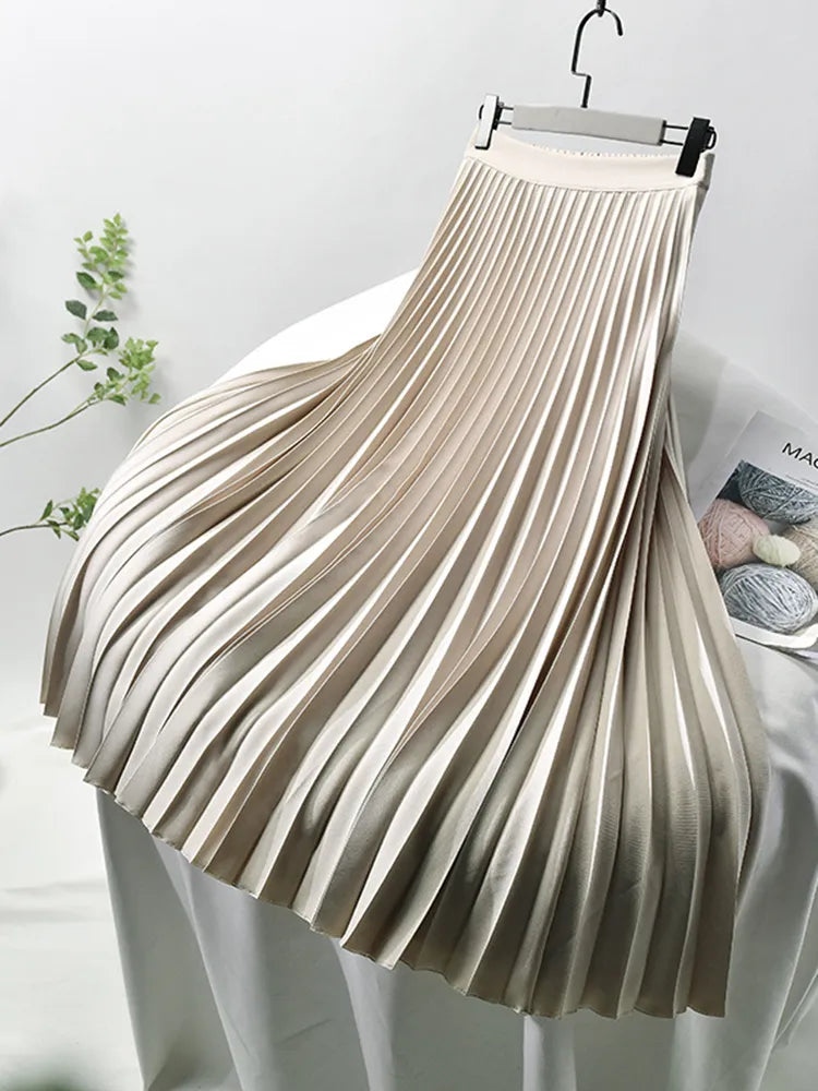 Elegant High Waist Pleated Midi Skirt for Women