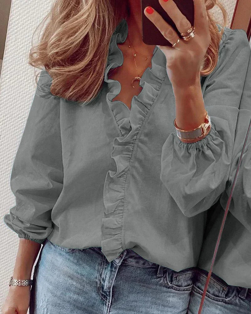 Ruffle V-Neck Long Sleeve Blouse for Women