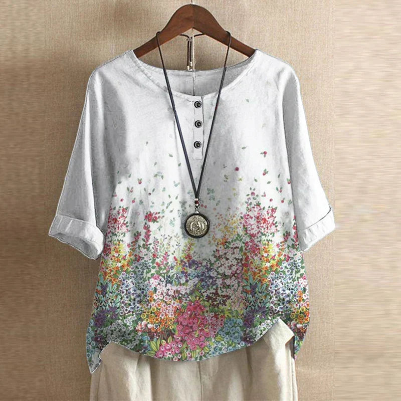 Women's Short Sleeve Round Neck Vintage Floral Blouse