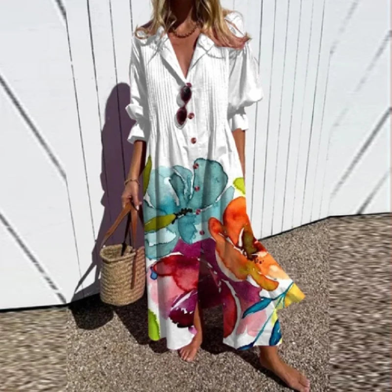 Women's All-Over Floral V-Neck Loose Maxi Dress