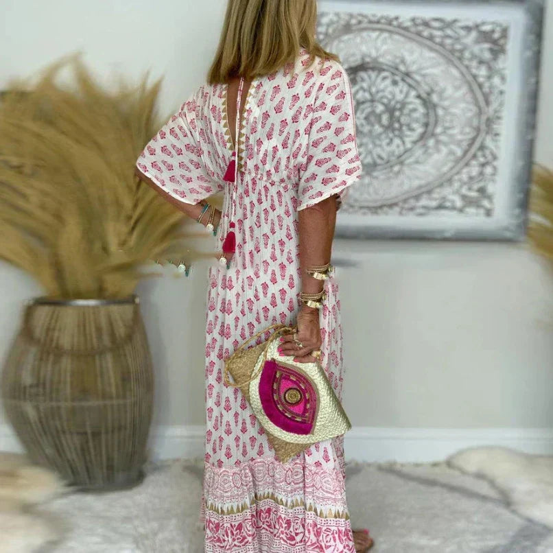 Women's Loose V-Neck Boho Print Maxi Dress with Border Detail