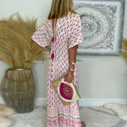 Women's Loose V-Neck Boho Print Maxi Dress with Border Detail