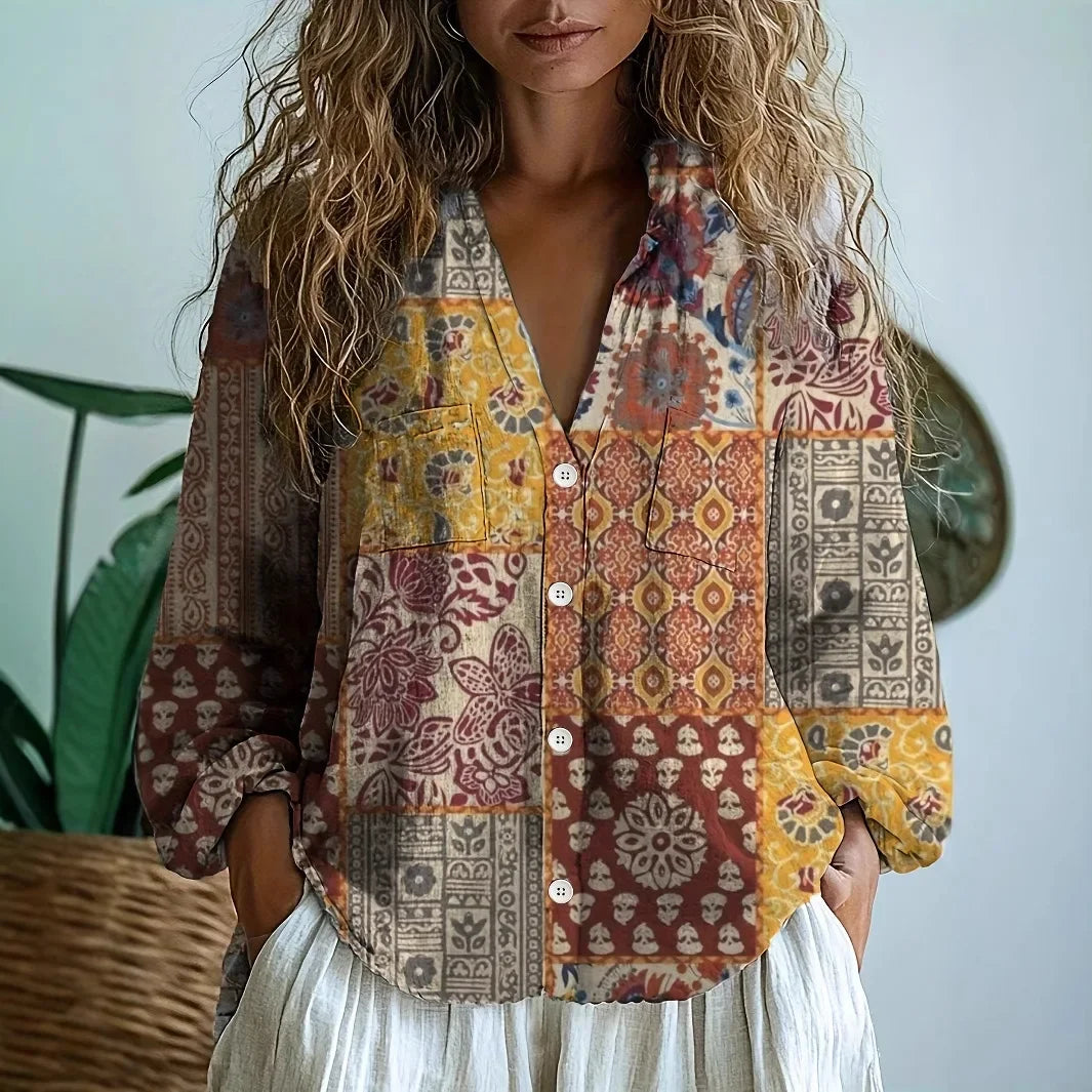 Women's Relaxed Boho V-Neck Blouse with Long Sleeves