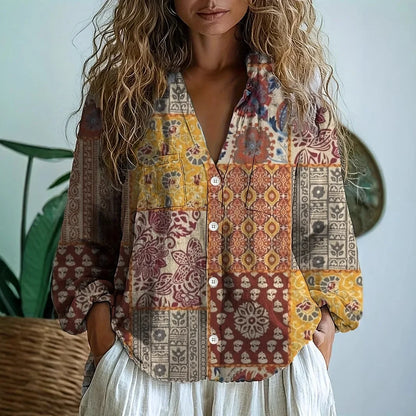 Women's Relaxed Boho V-Neck Blouse with Long Sleeves