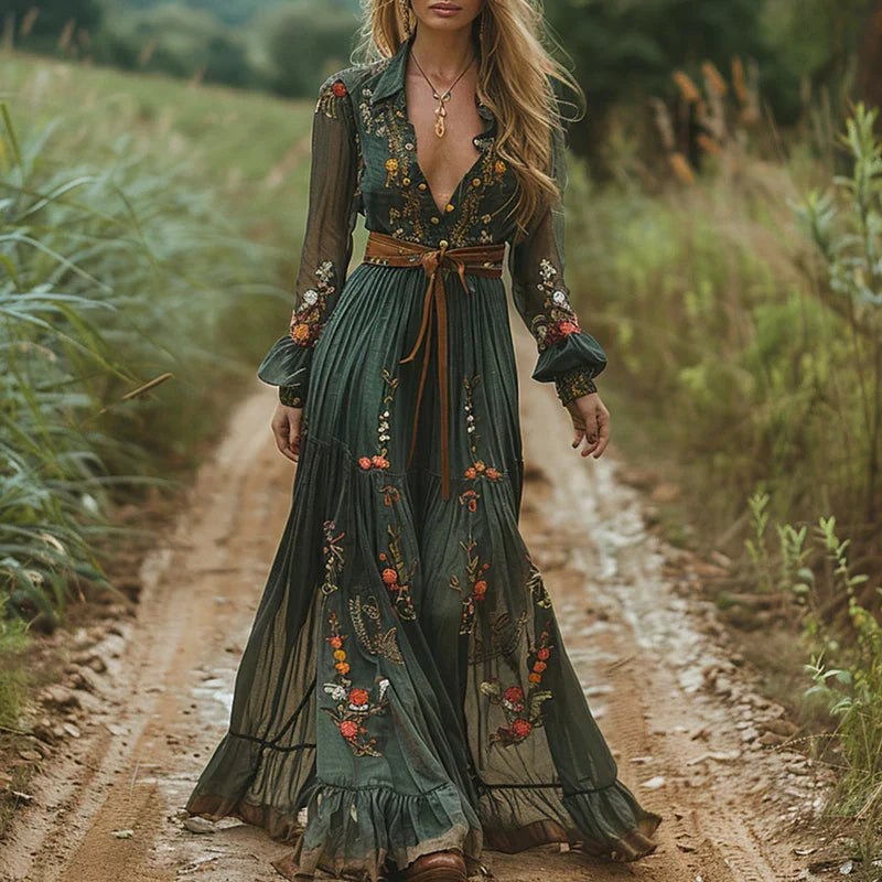 Women's Embroidered Long Sleeve Boho Maxi Dress