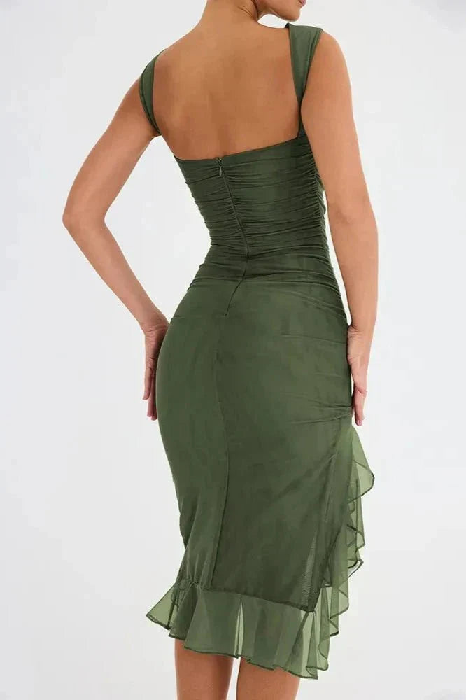 Women’s Sleeveless Ruched Midi Dress with Asymmetrical Hem