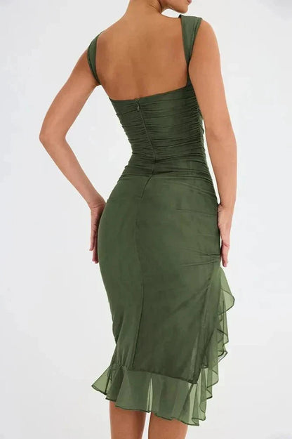 Women’s Sleeveless Ruched Midi Dress with Asymmetrical Hem