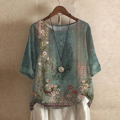 Women's Vintage Floral Print Loose Fit Blouse