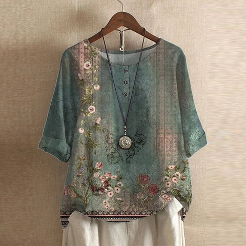 Women's Short Sleeve Round Neck Vintage Floral Blouse