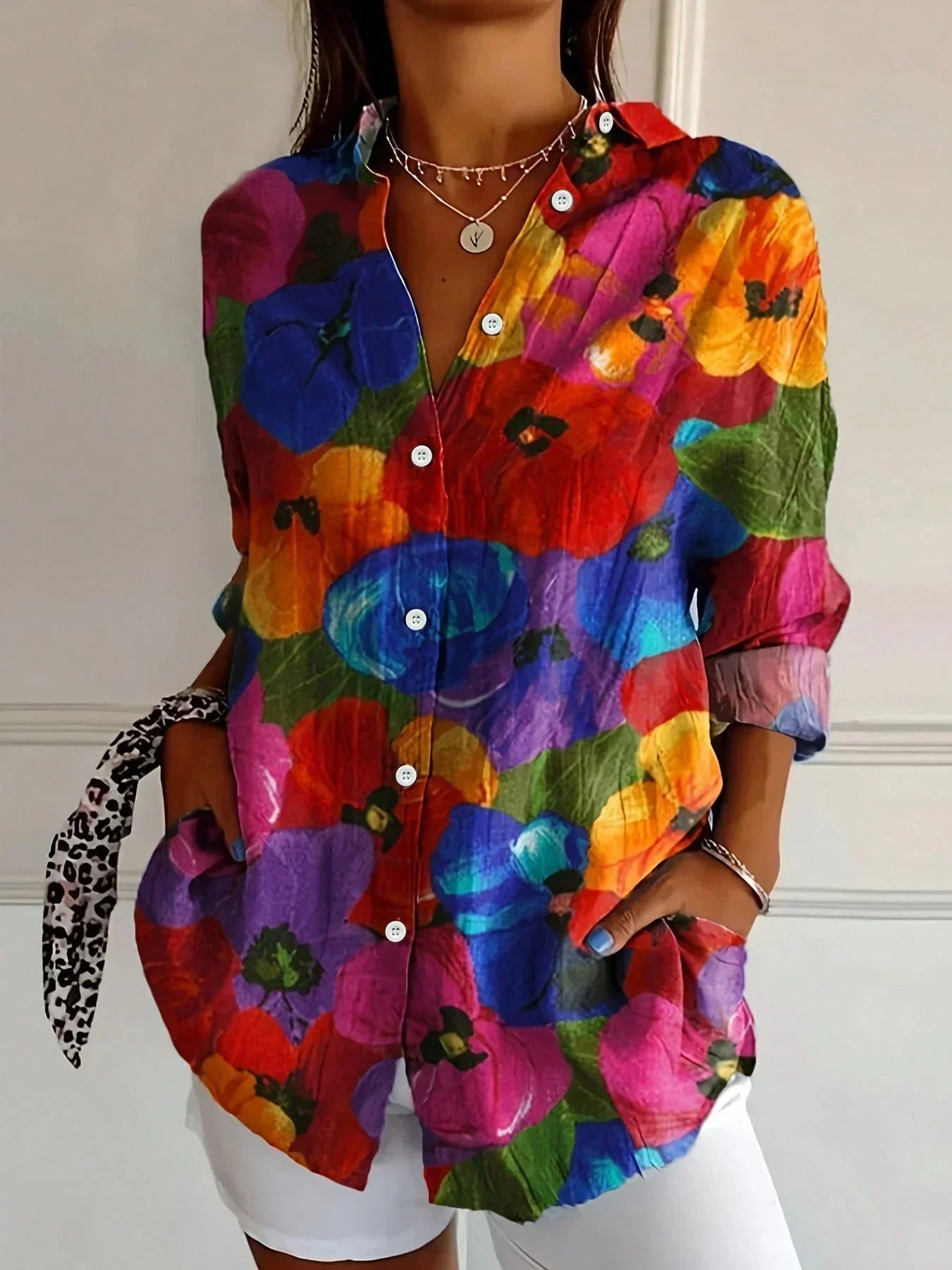 Colorful Artistic Floral Button-Up Blouse for Women