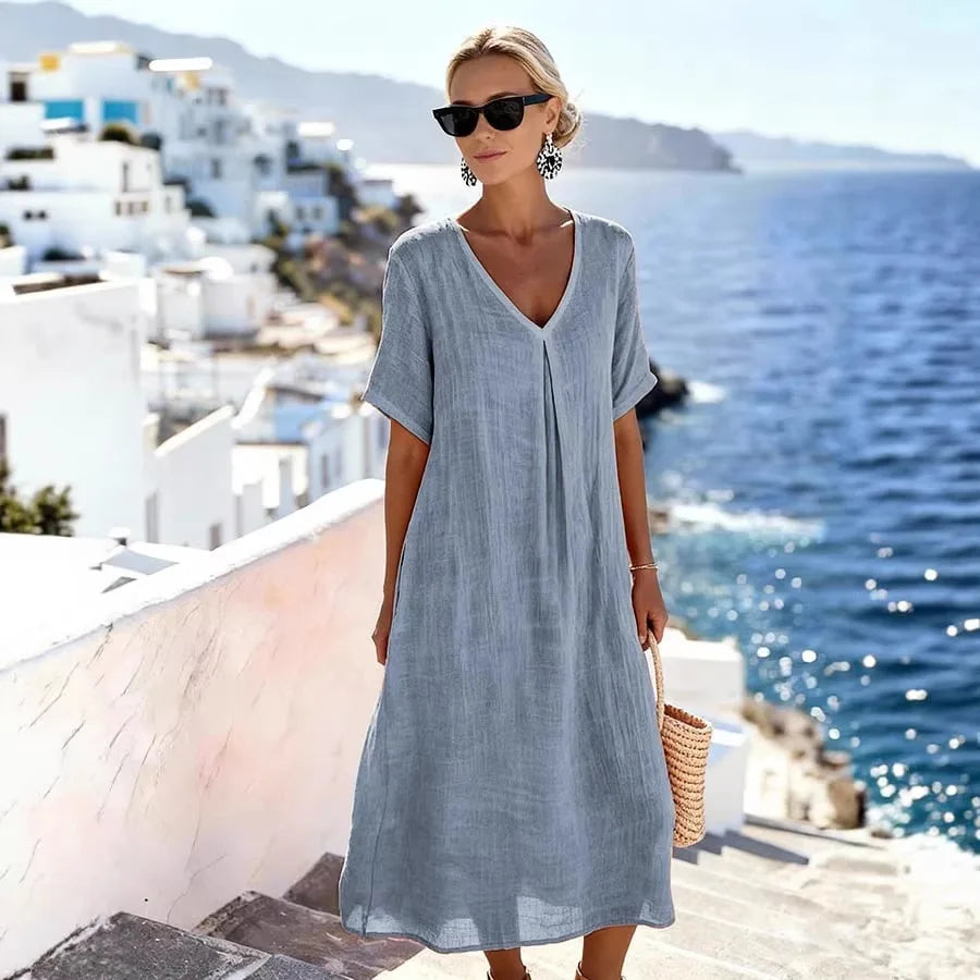 Women’s Relaxed V-Neck Midi Dress with Short Sleeves