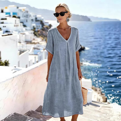 Women’s Relaxed V-Neck Midi Dress with Short Sleeves