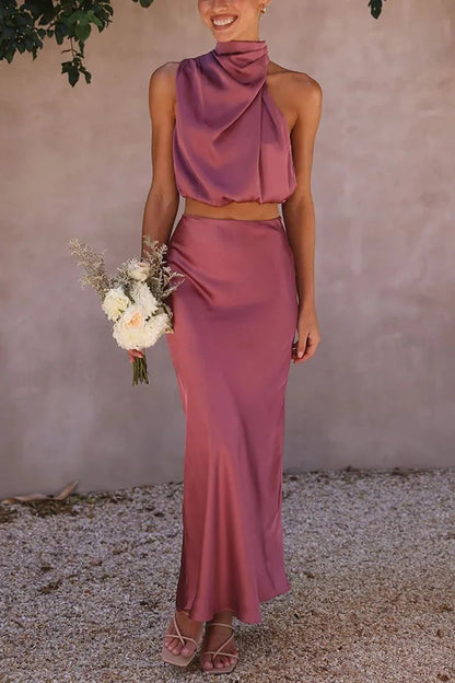 Elegant Halter Neck Draped Crop Top & Flowing Skirt Evening Outfit