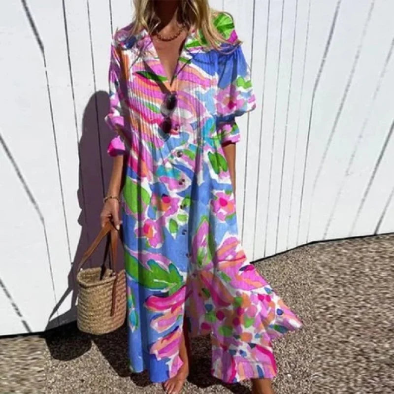 Loose Fit Printed Maxi Dress Women Beach Outfit