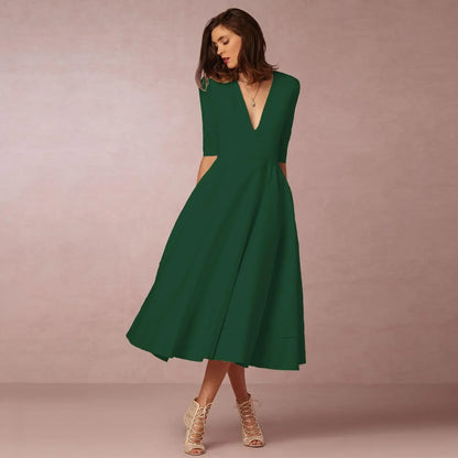 Elegant V-Neck Elbow-Sleeve Midi Dress