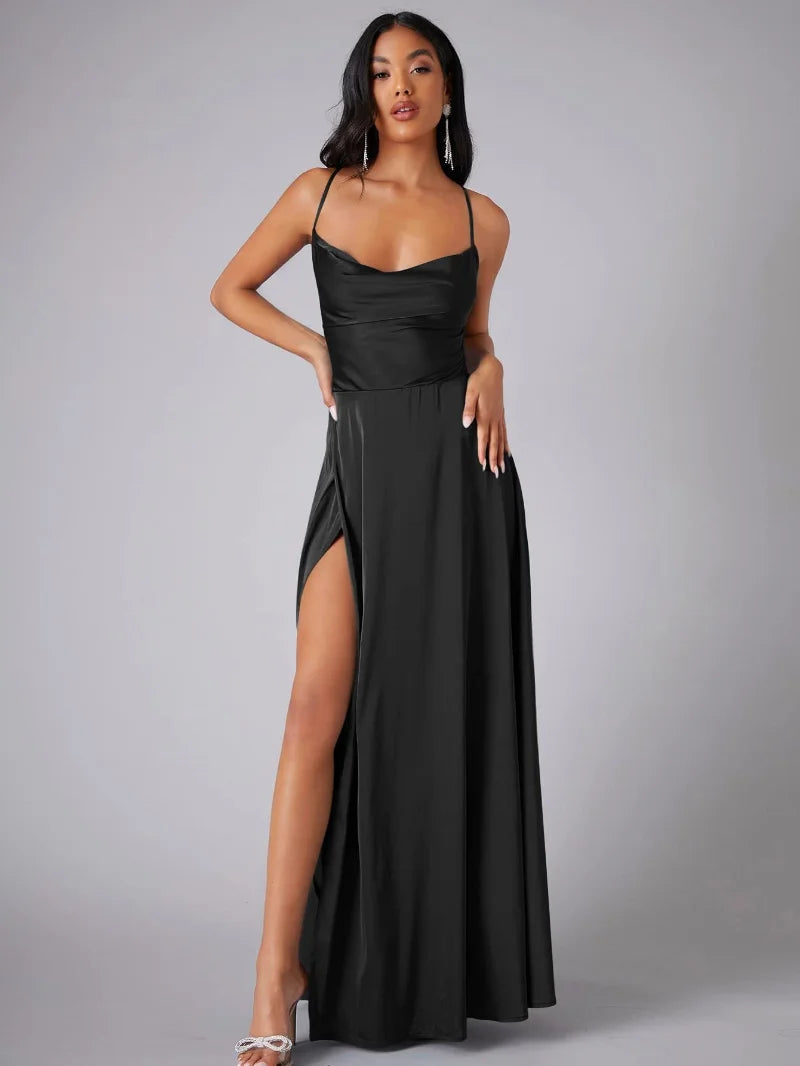 Alvaree Satin Maxi Evening Dress with High Slit and Open Back