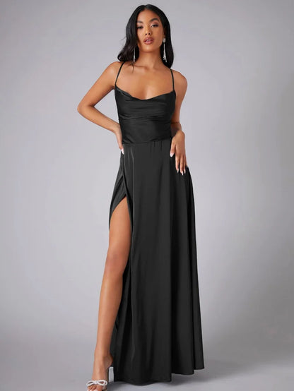 Alvaree Satin Maxi Evening Dress with High Slit and Open Back