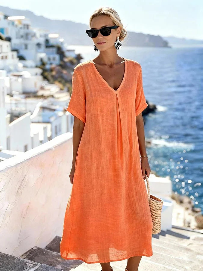 Women’s Relaxed V-Neck Midi Dress with Short Sleeves