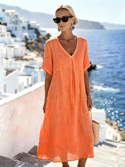 Women’s Relaxed V-Neck Midi Dress with Short Sleeves