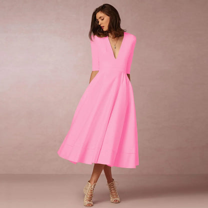 Elegant V-Neck Elbow-Sleeve Midi Dress