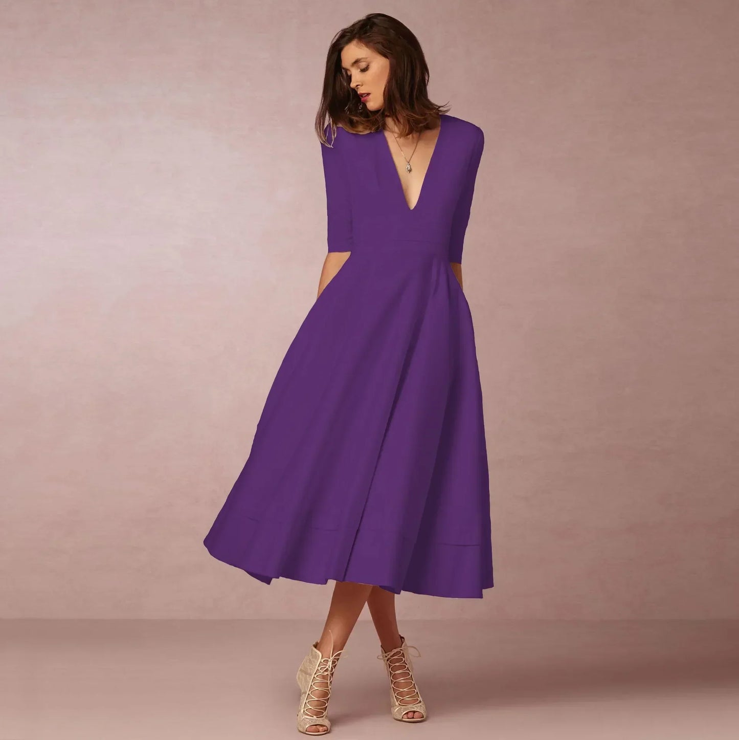 Elegant V-Neck Elbow-Sleeve Midi Dress