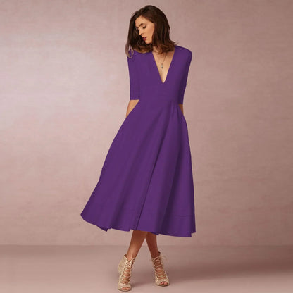 Elegant V-Neck Elbow-Sleeve Midi Dress