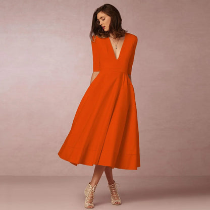 Elegant V-Neck Elbow-Sleeve Midi Dress