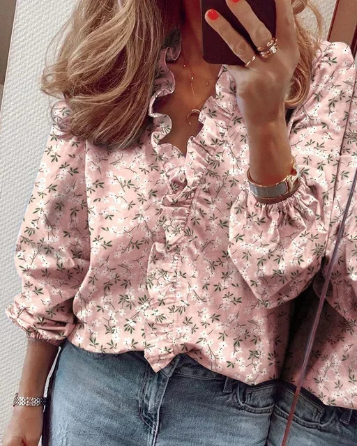 Ruffle V-Neck Long Sleeve Blouse for Women