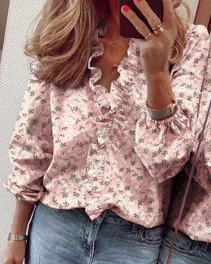 Ruffle V-Neck Long Sleeve Blouse for Women