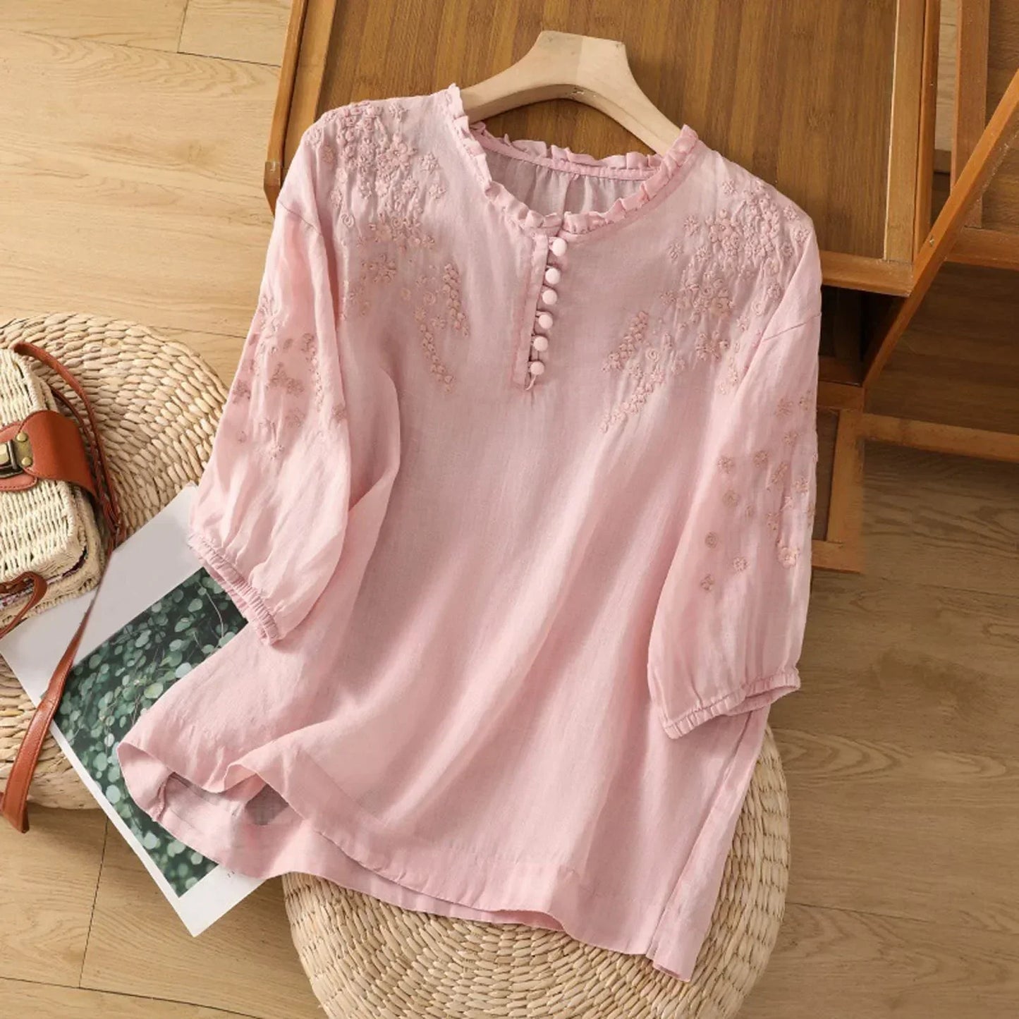Embroidered Short Sleeve Blouse with Relaxed Fit