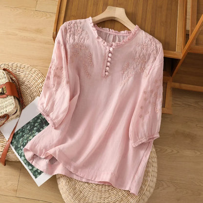 Embroidered Short Sleeve Blouse with Relaxed Fit
