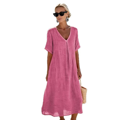 Women’s Relaxed V-Neck Midi Dress with Short Sleeves