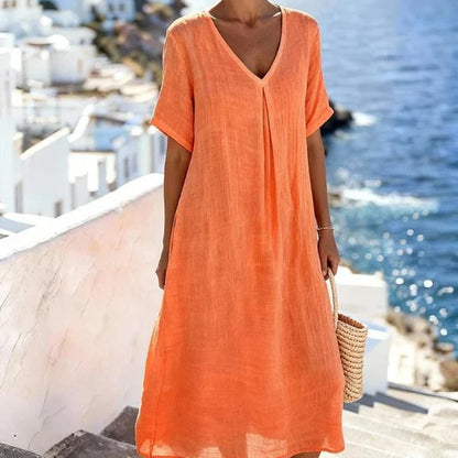 Women’s Relaxed V-Neck Midi Dress with Short Sleeves