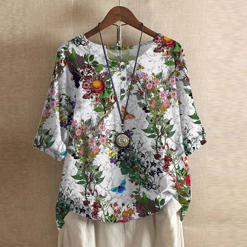 Women's Vintage Floral Print Loose Fit Blouse