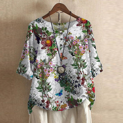 Women's Vintage Floral Print Loose Fit Blouse