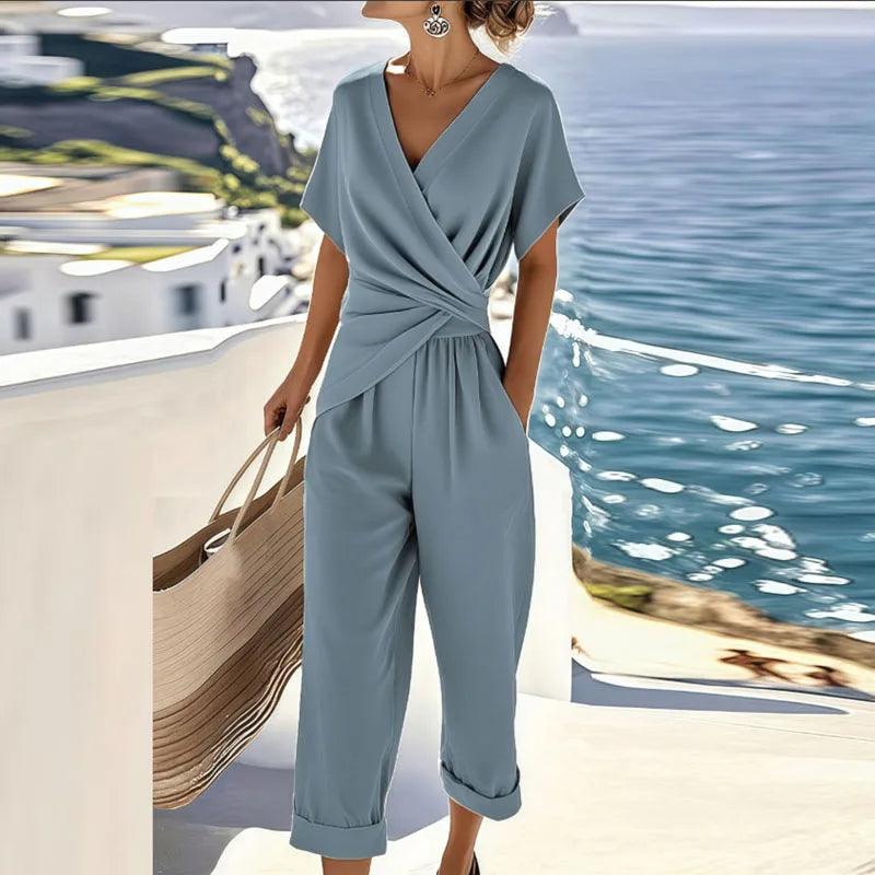 Elegant Coastal Wrap-Style Cropped Jumpsuit for Women