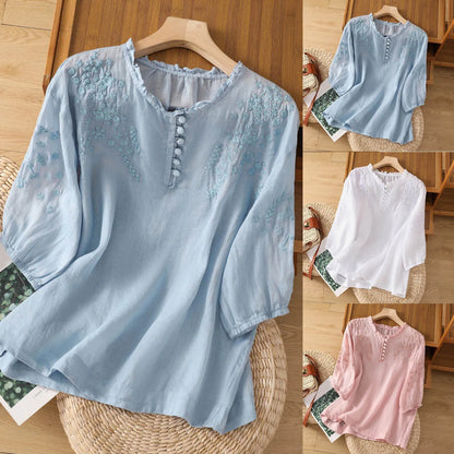 Mireya Embroidered Button Front Blouse for Women