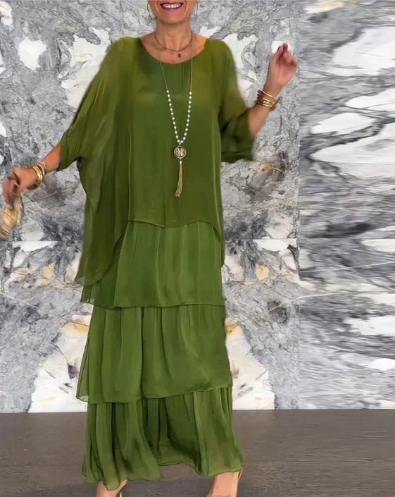 Women’s Boho Layered Maxi Dress Set Flowy Batwing Top & Tiered Skirt Outfit