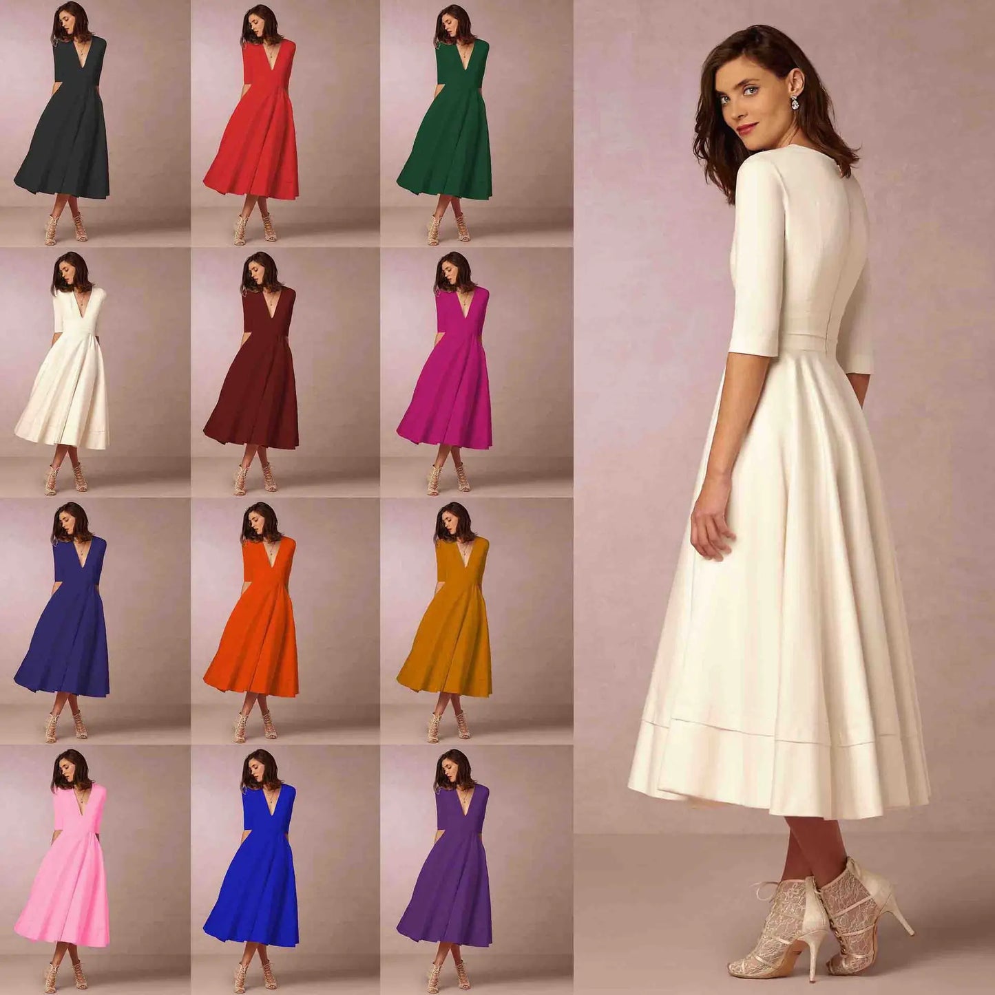 Elegant V-Neck Elbow-Sleeve Midi Dress