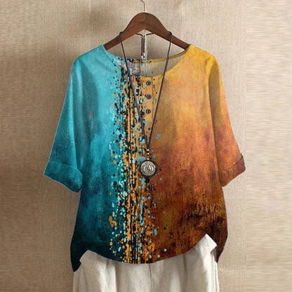 Women's Short Sleeve Round Neck Vintage Floral Blouse