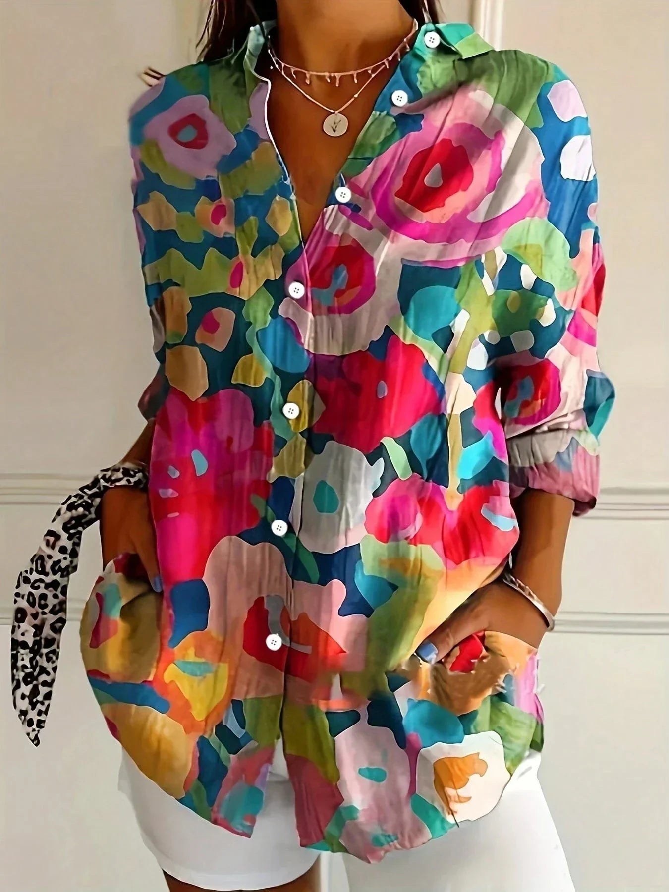 Women's Bold Abstract Print Long Sleeve Button-Front Blouse